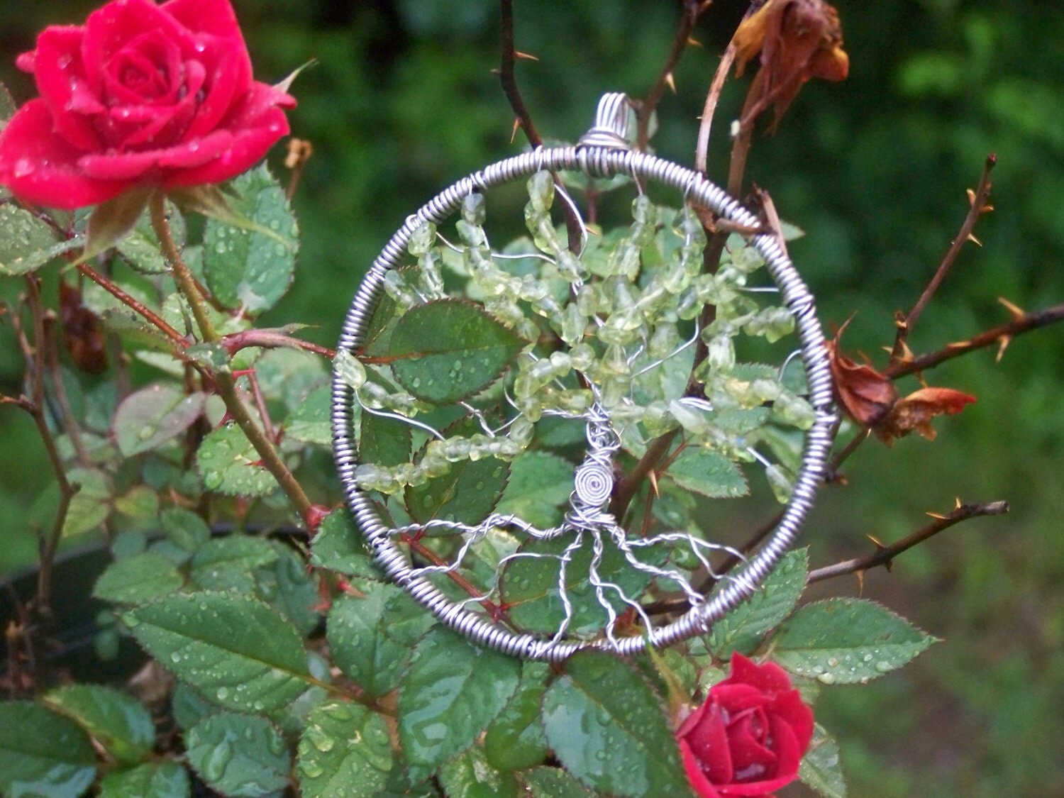 SALE 30% OFF Wire Wrapped 'Tree of Life' with peridot stone chips pendant