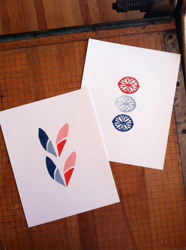 Set of 2 - 8 x 10 Linoleum Block Prints - Summer Moccasin and Lemon Burst