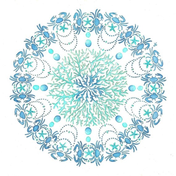 Aqua and Blue Crab watercolor mandala
