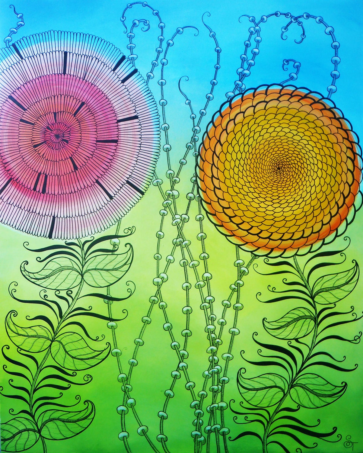 Print of original acrylic painting of Flowers and Pods