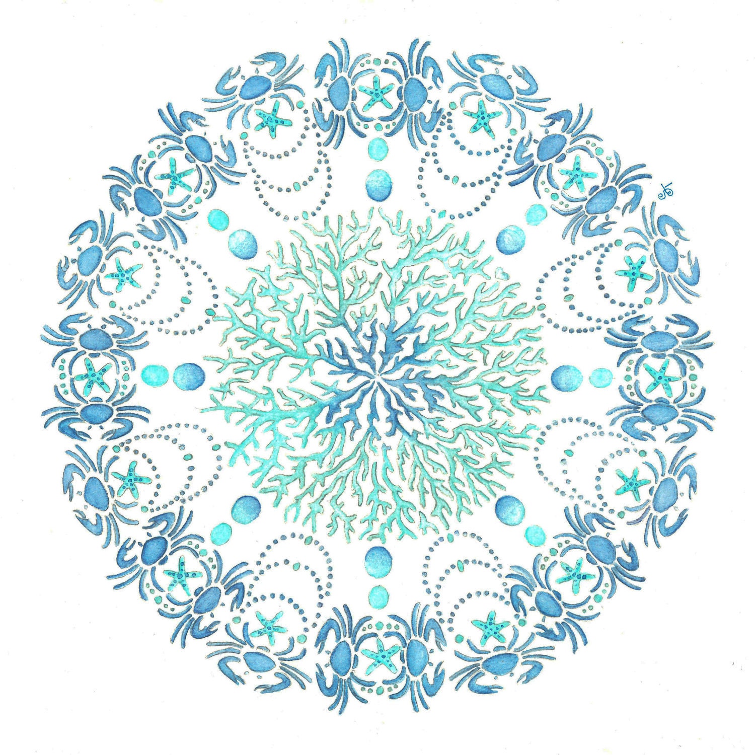 Aqua and Blue Crab watercolor mandala