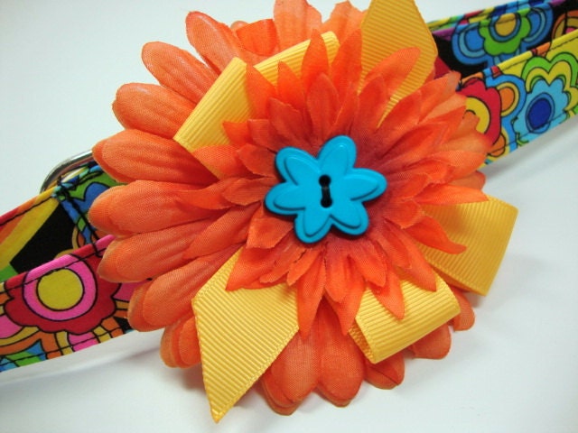 Flower Child Colorful Dog Collars Large with Huge Orange Flower