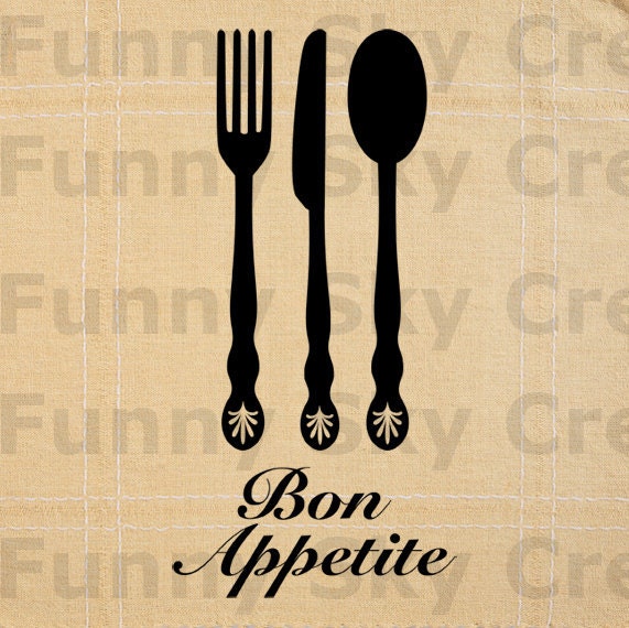 Bon Appetite French Fork Knife Spoon - Burlap Digital Download Paper Word Text Typography Image Transfer To Pillows Tote Bag Tea Towels b226