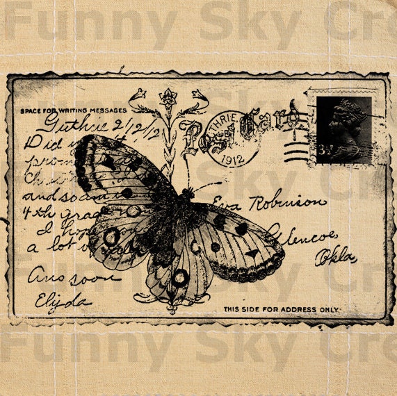 Butterfly Postcard Vintage Poster - Burlap Digital Download Paper Word Typography Image Transfer To Cushion Pillows Tea Towels b553