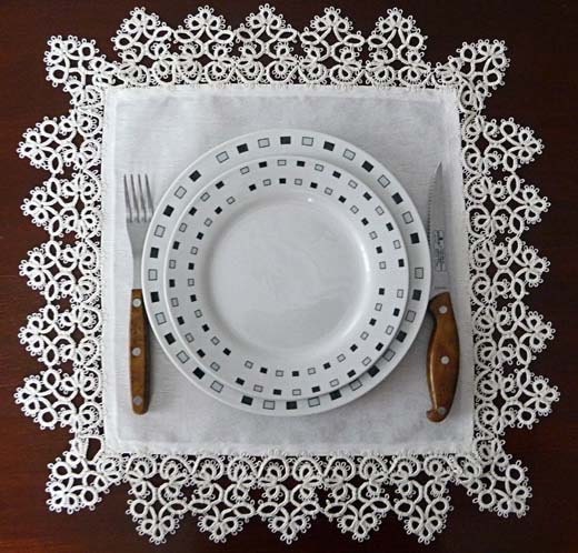 Handmade large tablecloth and 12 napkins with lace tatting ivory.