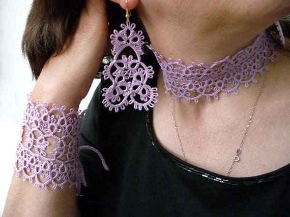 Tatting handmade jewelry wood violet .