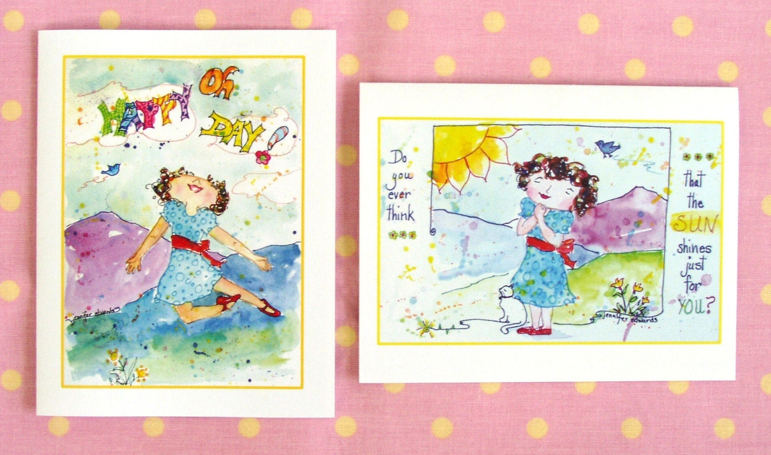 Set of 6 cards, 3 cards each of two images of Genevieve: Happy Day & Sun Shines for Thee.