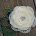 Bridal ivory satin lace flower hair clip accented with a rhinestone, peacock eye and sward feathers