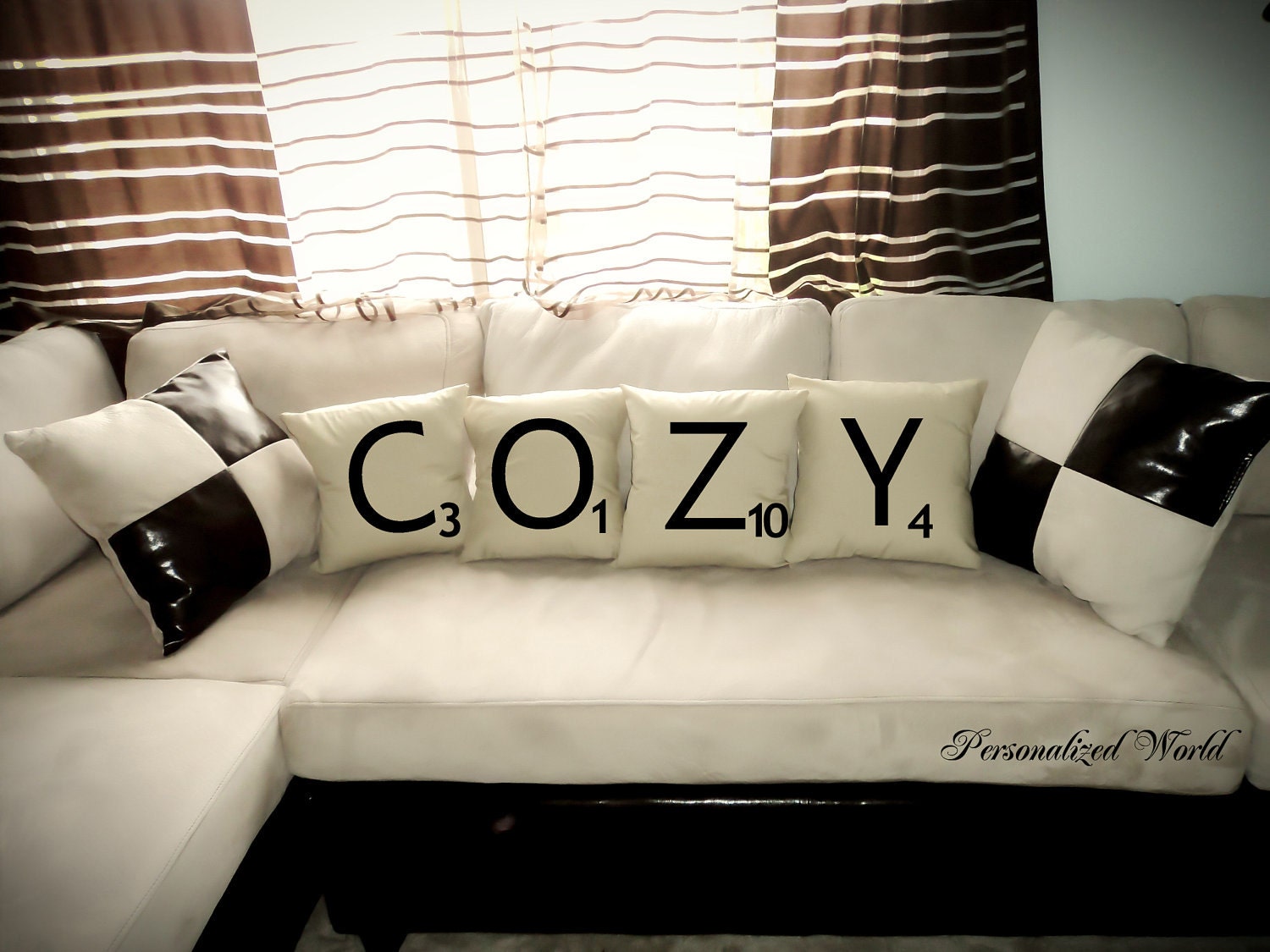 Set of 4 SCRABBLE LETTER decorative pillow cases cushion covers -- COZY or choose any 4 letters
