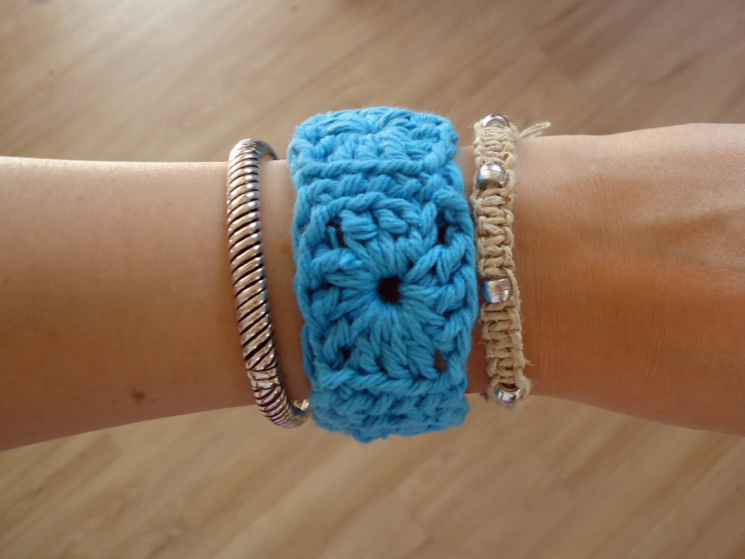 RESERVED for Nicole MacDougall - Crochet Granny Square Bracelet - Teal Blue