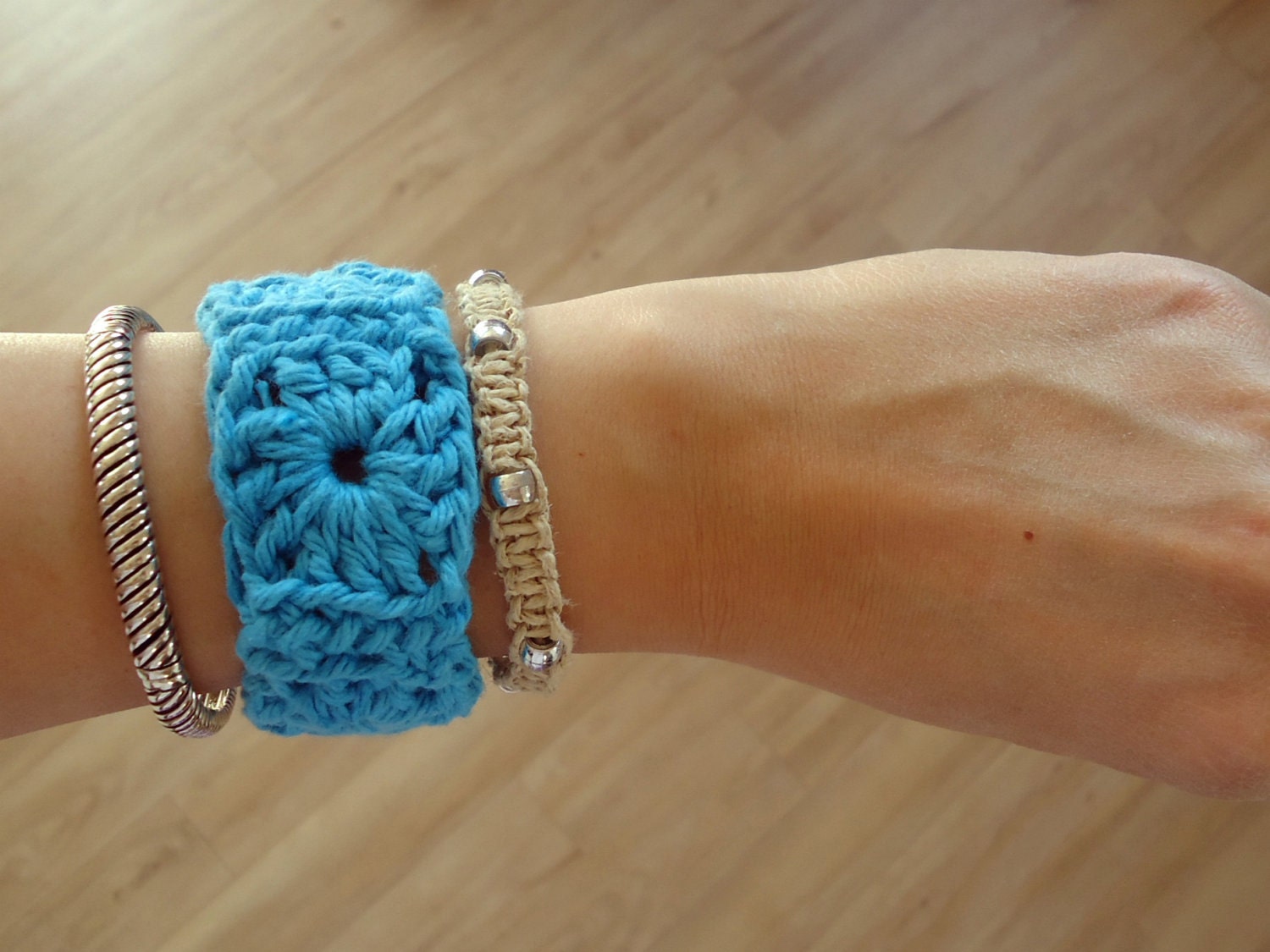 RESERVED for Nicole MacDougall - Crochet Granny Square Bracelet - Teal Blue