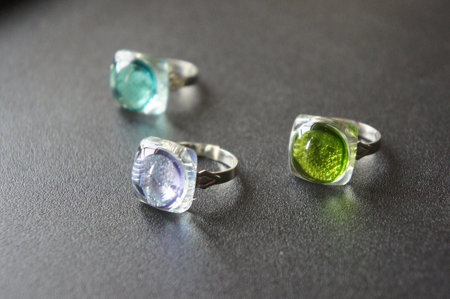 Aqua, Green, or Violet Adjustable Glass-Fused Ring