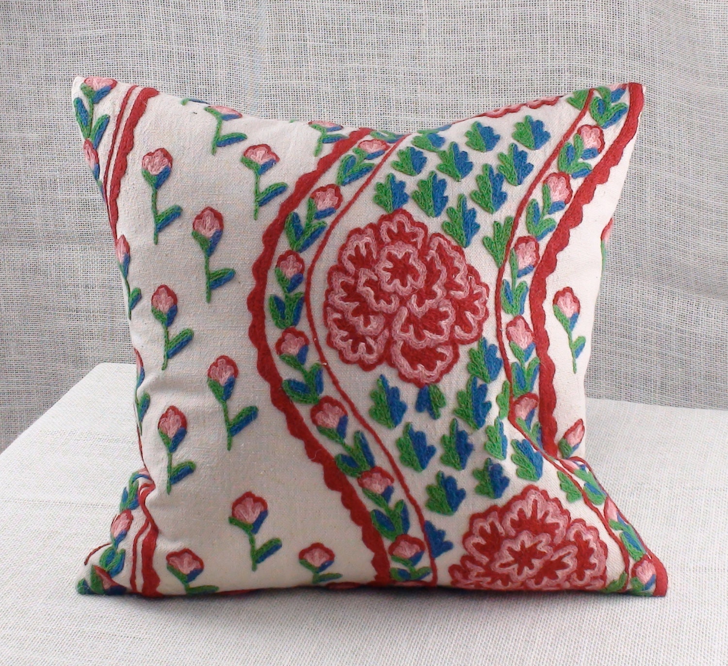 Red  Pink Pillow Cover - Red, Pink, Blue, Green Color, Embroidered 18 x 18
