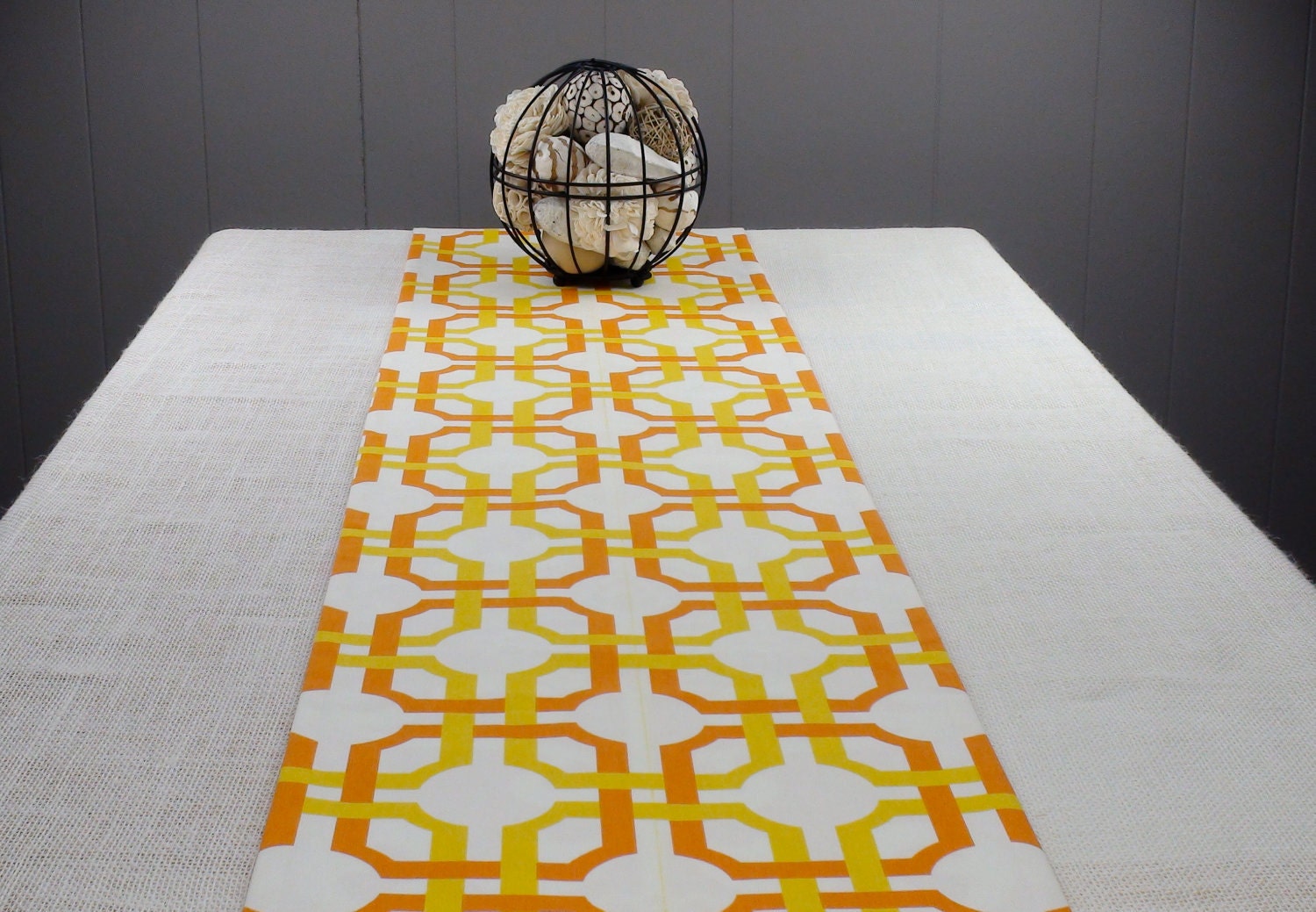 Modern Orange and Green Table Runner, Reversible Table Runner, Tablecloth 60 inch long