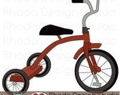 Retro Tricycle Bike (Red) Digital Clip Art Vintage Bicycles Stamps
