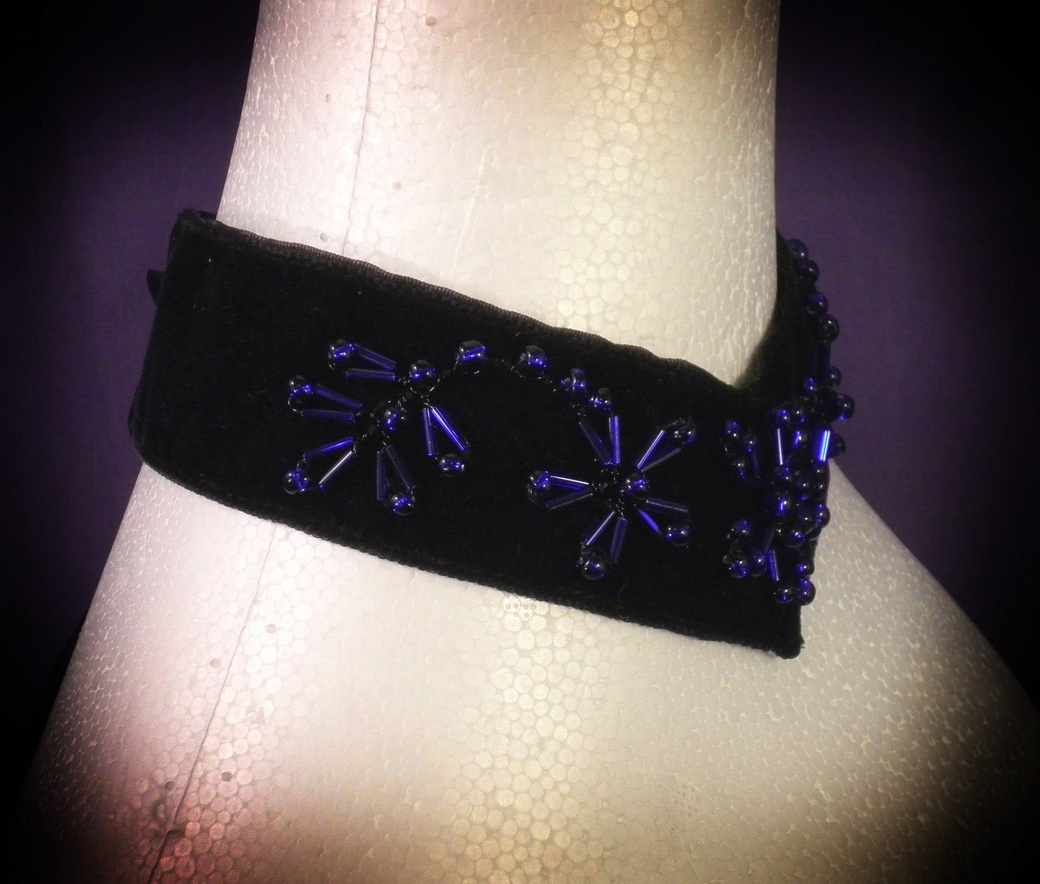 Black Velvet Pointed Ceremonial Collar With Hand Made Jewelled Flowers in Deep Electric Blue - Absolute Devotion