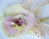 Groom boutonniere wedding lapel pin handmade silk flower chiffon with vintage old lace ivory pink green groomsmen attendant