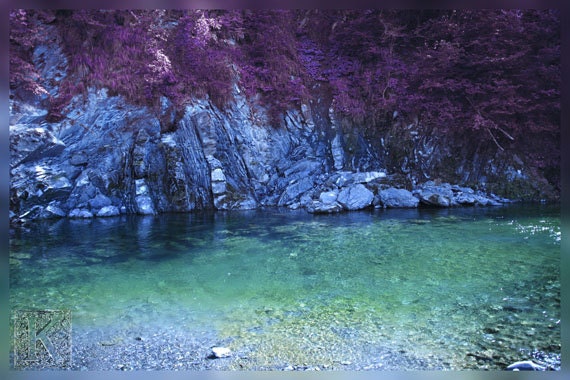 Purple dream on the river - Signed photo 4 X 6 - water reflection fantasy rocks blue green cyan lilac violet romantic love - krystarka