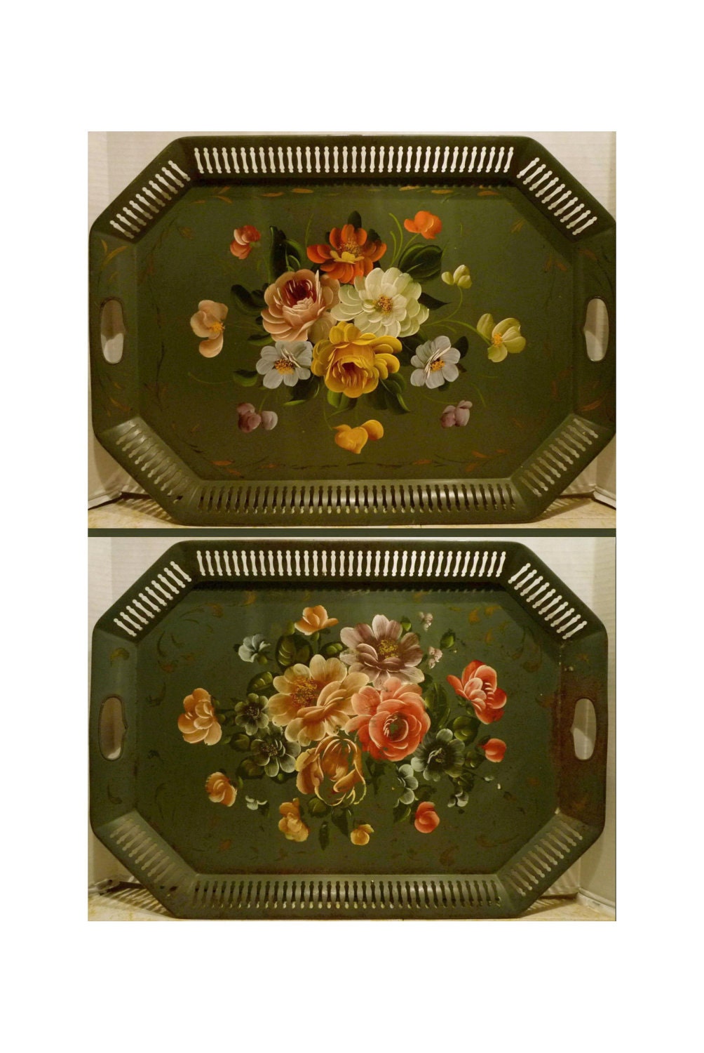 Pair TOLEWARE TRAYS - Vintage Green RETICULATED Painted Floral - Price Reduced - Free Shipping