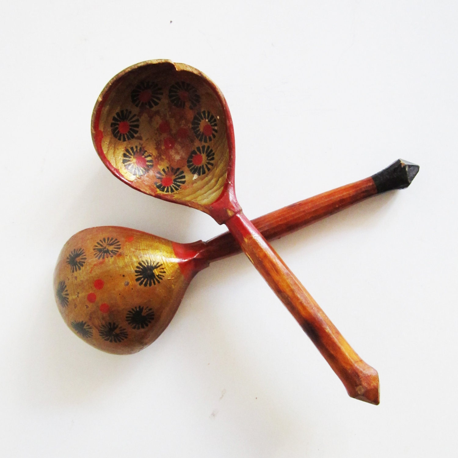 Two VINTAGE hand made and painted WOODEN SPOONS, use for assemblage, home decor, kitchenware.