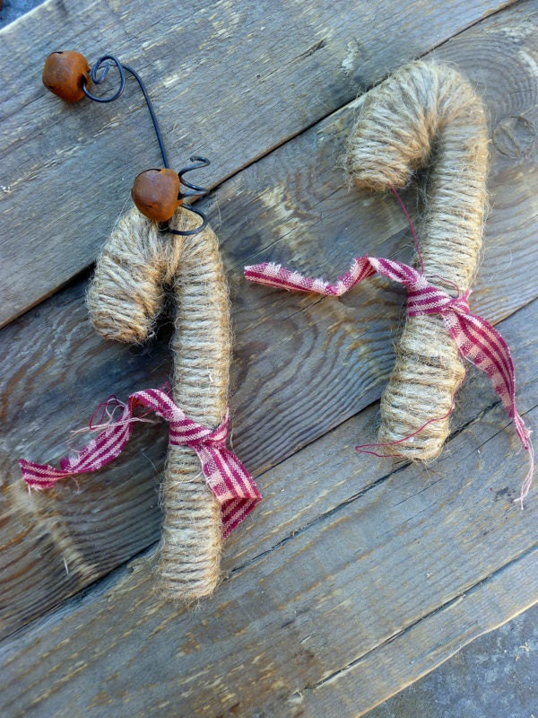 Jute wrapped Candy Cane Christmas Ornaments Natural Primitvie Rustic Decor