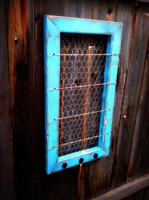 Rustic Aqua Blue Organizer Frame Memo Board with Chicken Wire