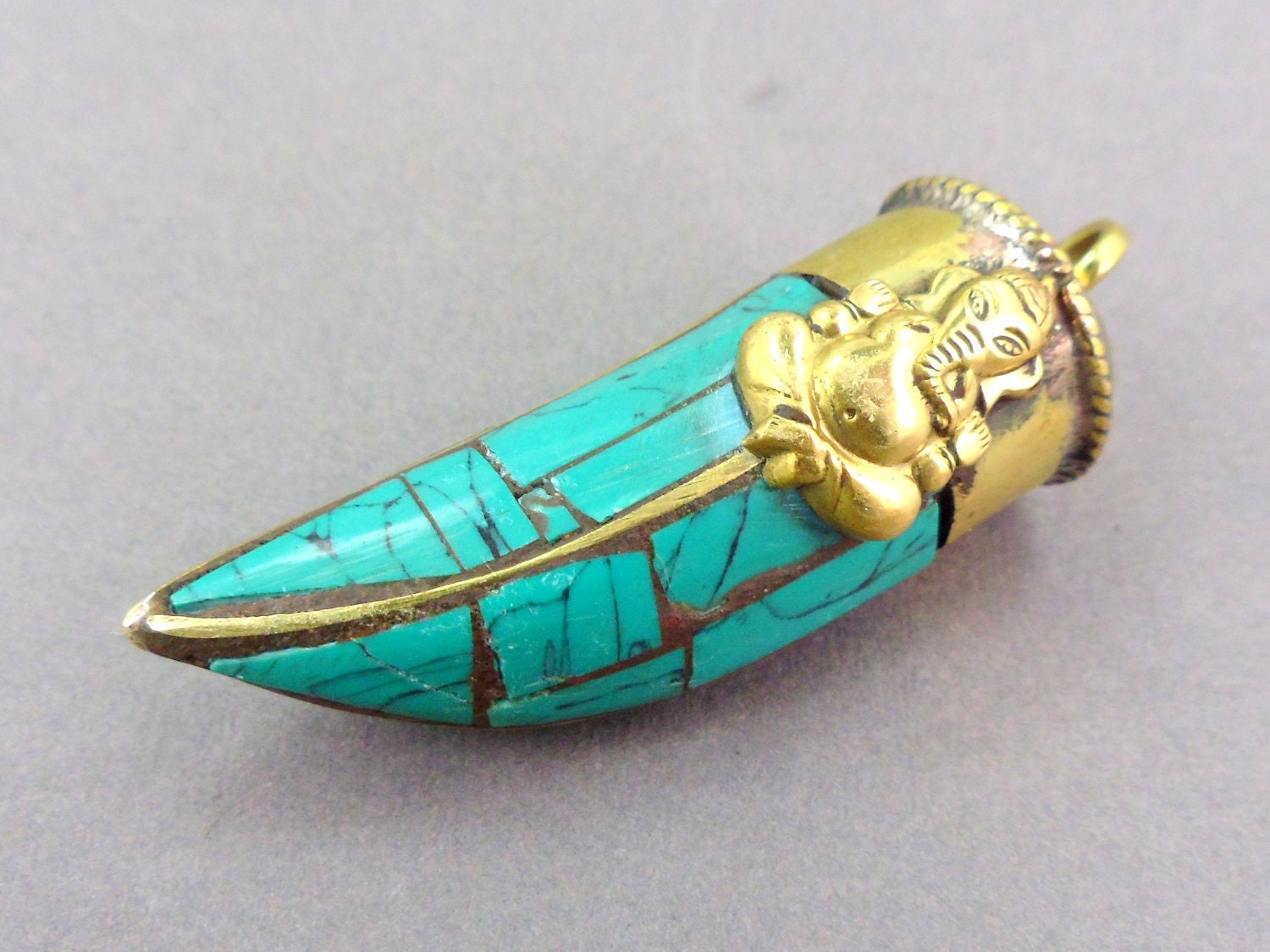 Tibetan Horn Tusk Pendant - Turquoise mosaic Brass - Ganesha - 2012 Fashion New Style