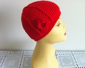 Girls Beanie Hat With Flower in Red, 7 to 16  Crochet Girls Hat, Usa Seller
