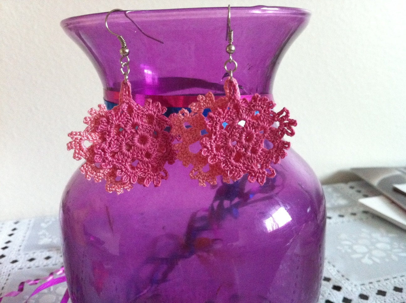 crochet flower earrings, crochet pink flower earrings, crochet lace jewelry, women fashions, USA seller