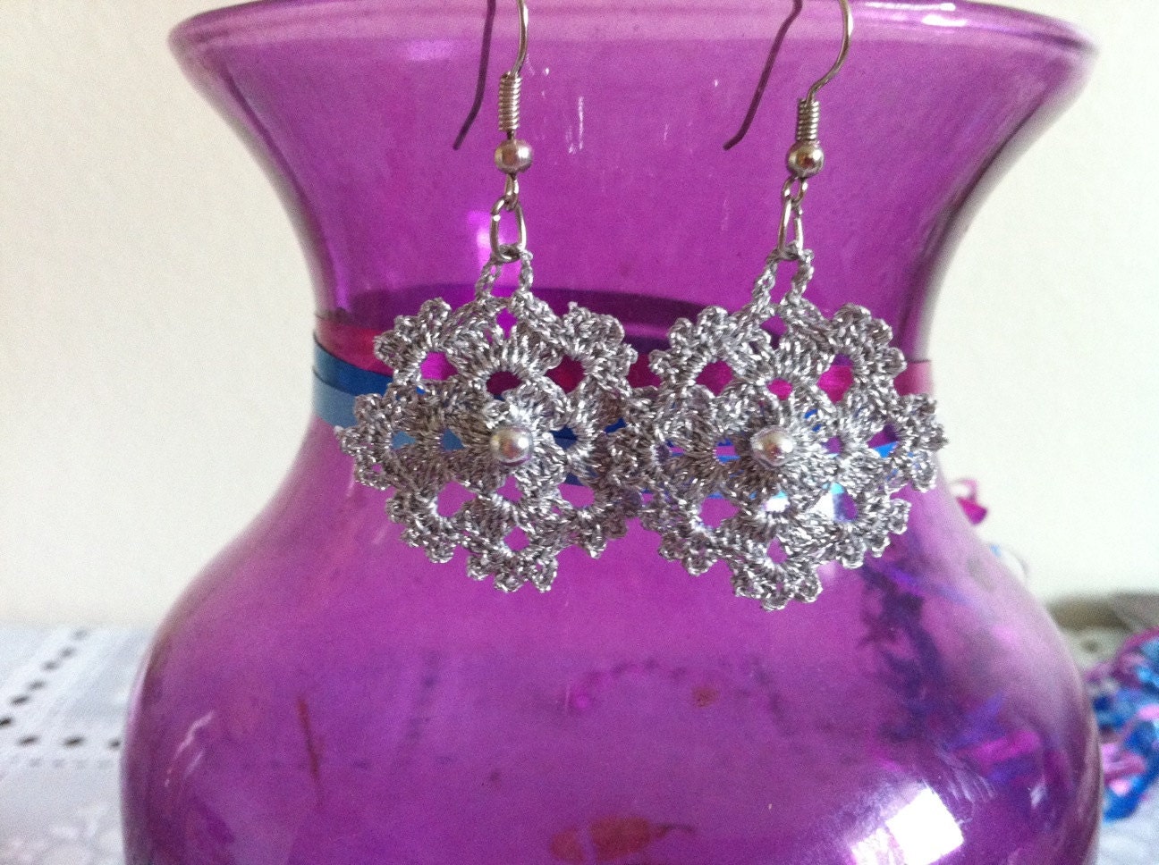 crochet earrings, crochet lace silvery jewelry, earrings , women fashions, usa seller, free shipping