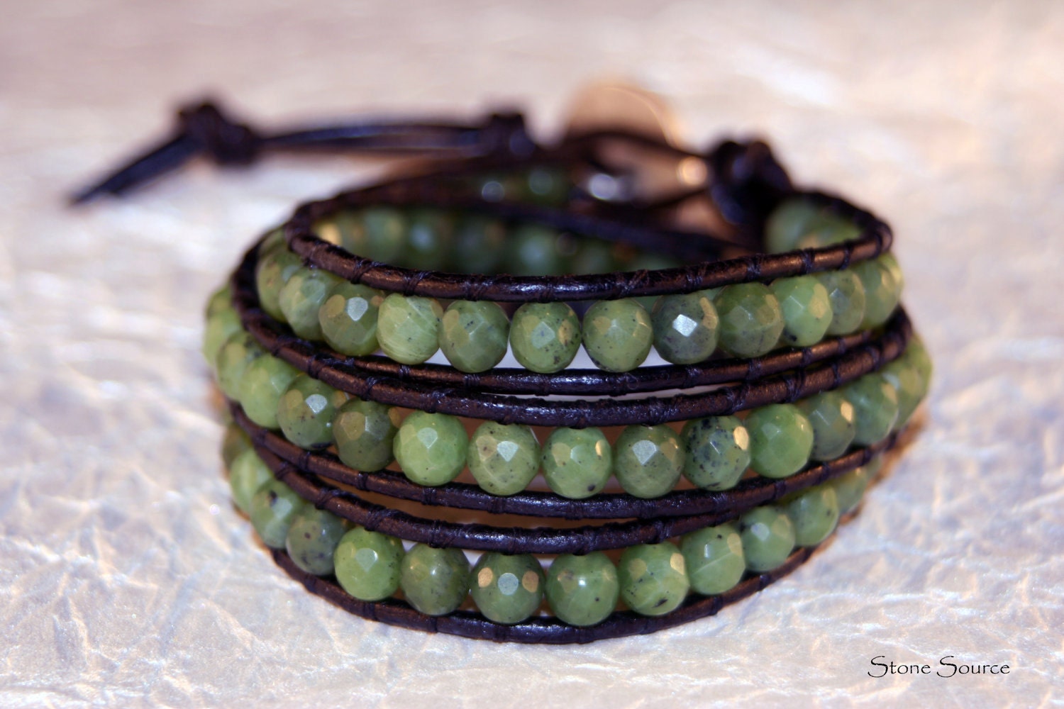 Leather Wrap Bracelet - Green Russian Jade - Semi Precious Stone
