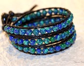 Blue and Green Leather Wrap Bracelet - Beaded Jewelry - Boho Chic Style