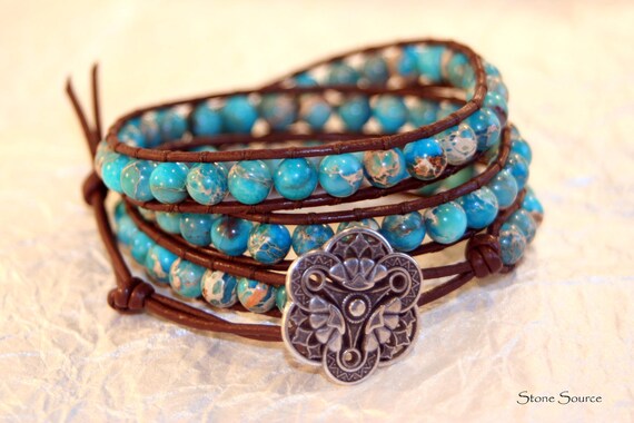 Turquoise Leather Wrap Bracelet - Chan Luu Style - Jasper