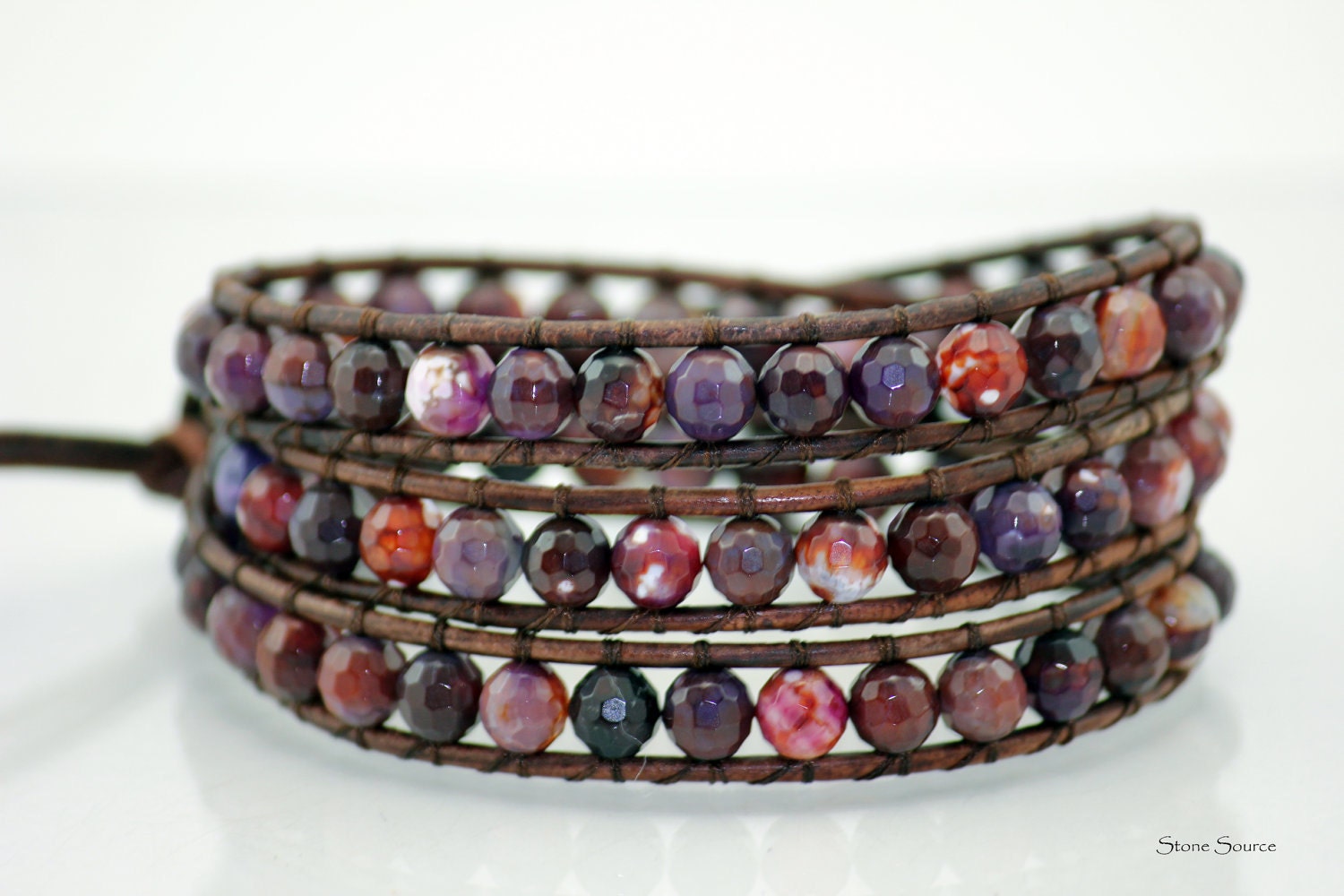 Wrap Bracelet - Cranberry Faceted Fire Agate - Sterling Silver Heart Charm