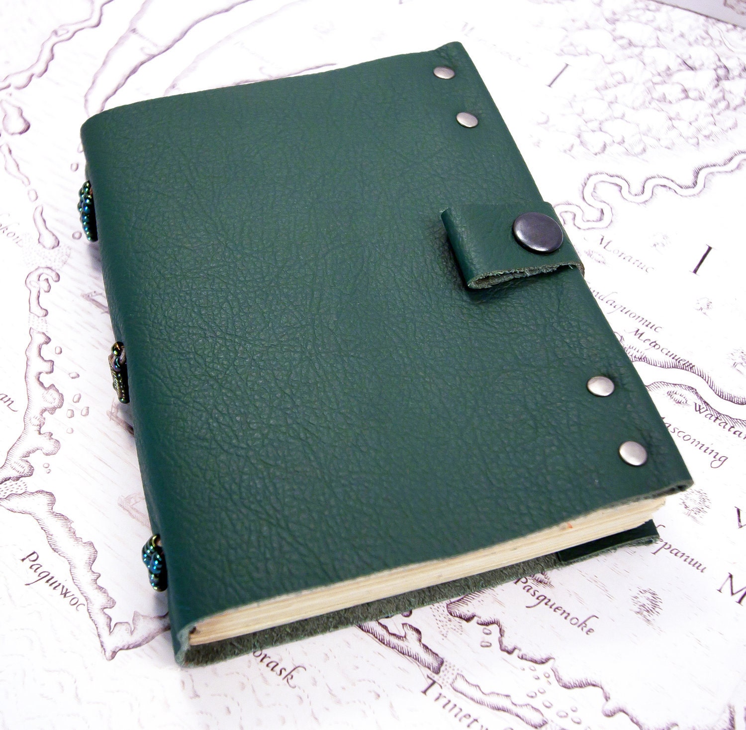 Handbound Leather Journal Notebook in Green Leather with Beading on Spine