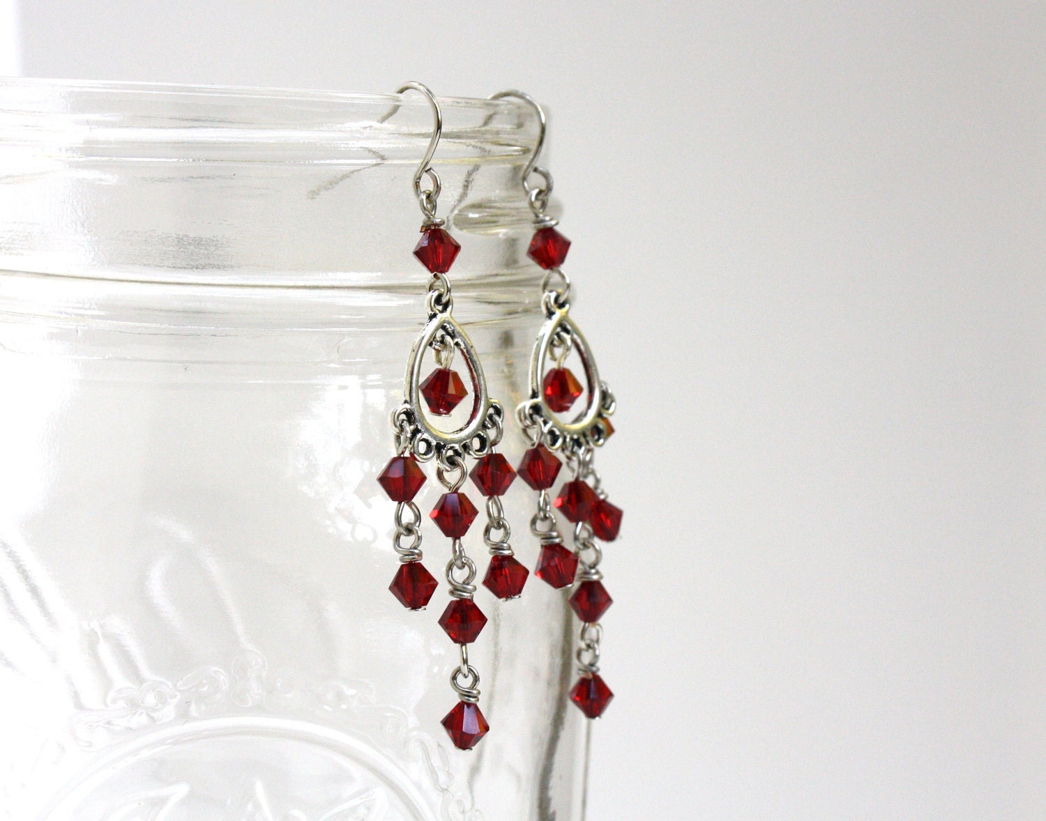 Red Swarovski Crystal Chandelier Earrings - Silver Earrings