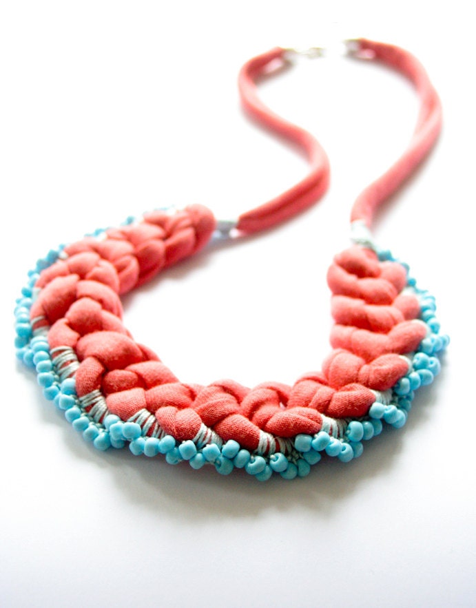 necklace frosted coral crochet beaded tangerine light blue