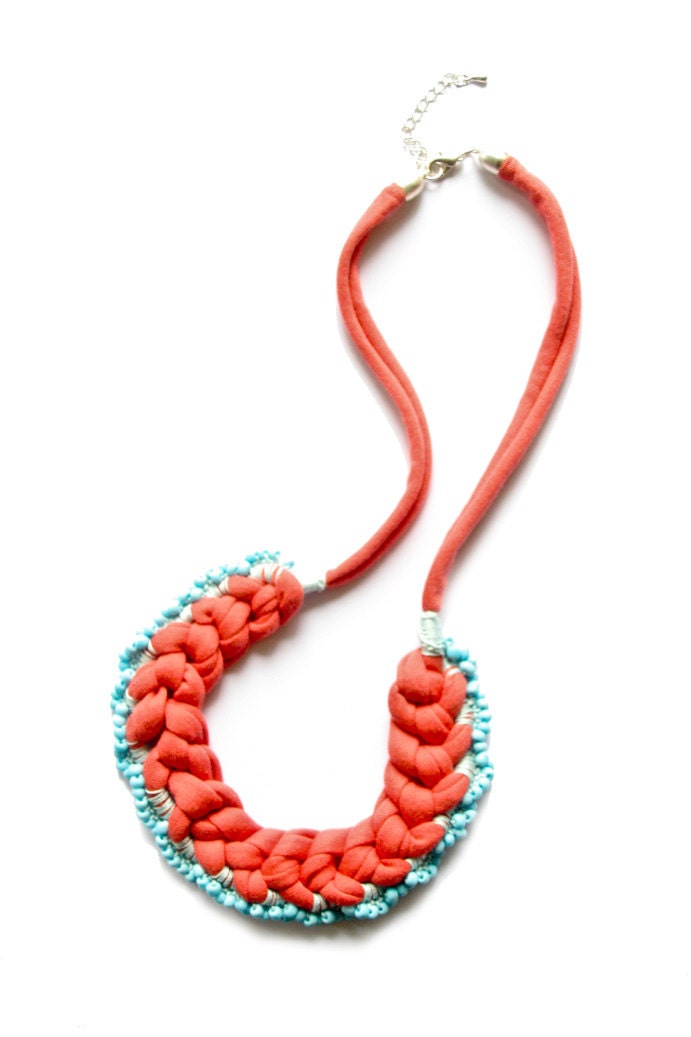 necklace frosted coral crochet beaded tangerine light blue