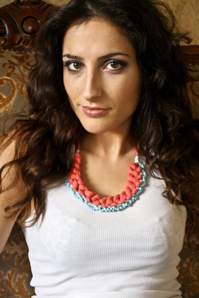 necklace frosted coral crochet beaded tangerine light blue