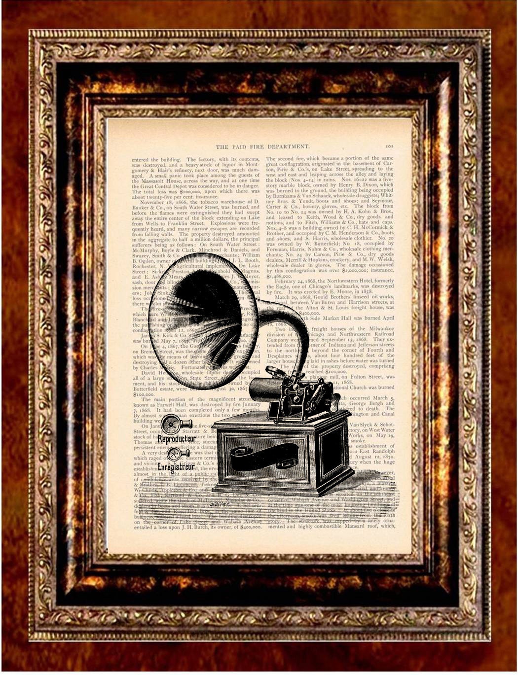 GRAMOPHONE Vintage Art Print Antique 1800's Book Page or Dictionary Page Upcycled Recycled