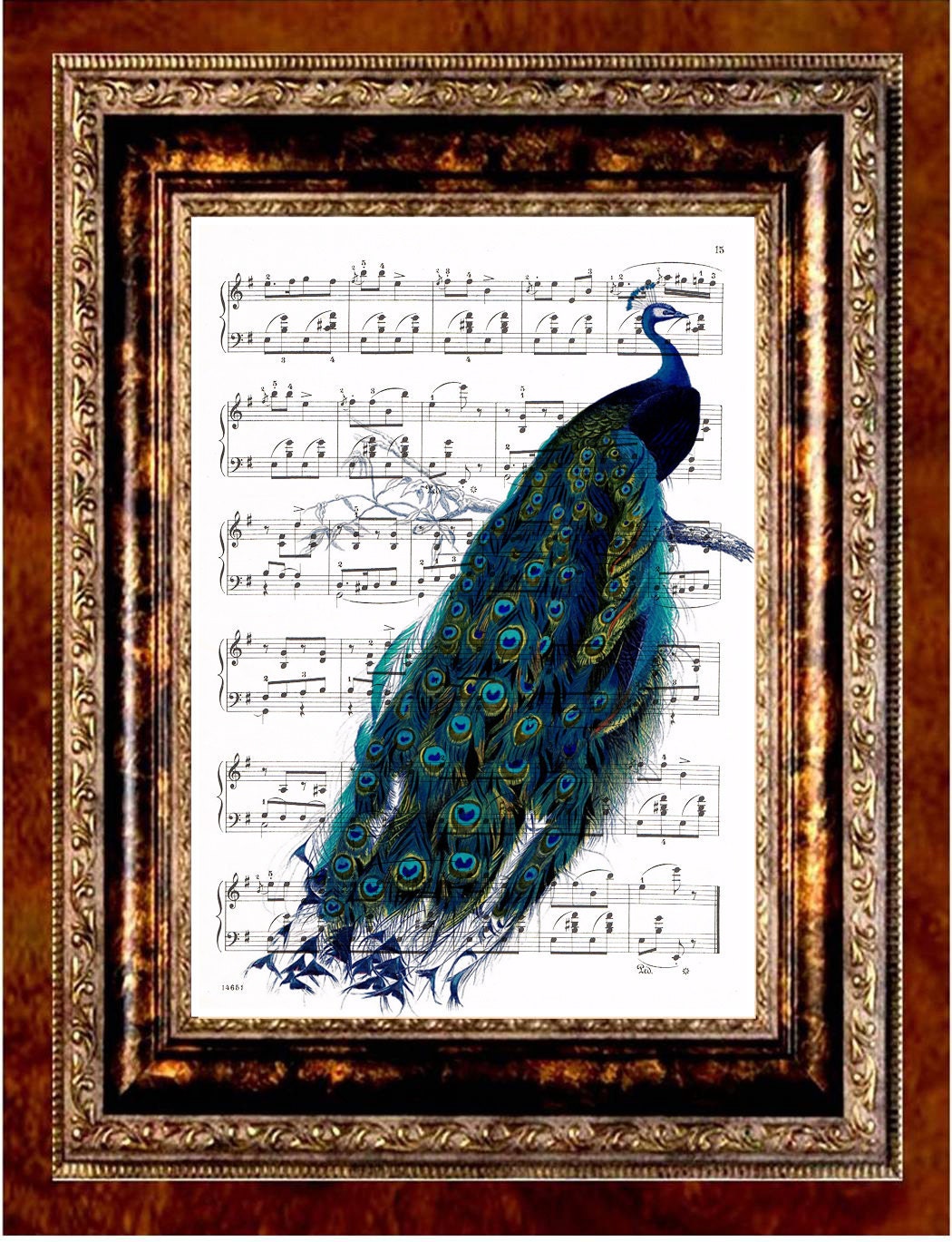 PEACOCK Art Print Antique Music Page Upcycled Recycled
