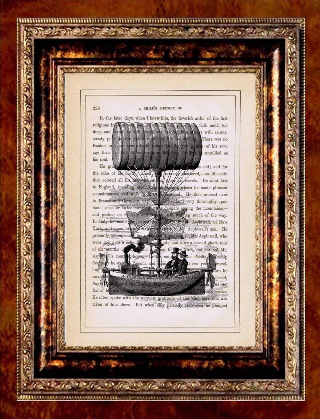 STEAMPUNK Hot Air BALLOON Art Print Antique 1800's Book Page or Dictionary Page Altered Art