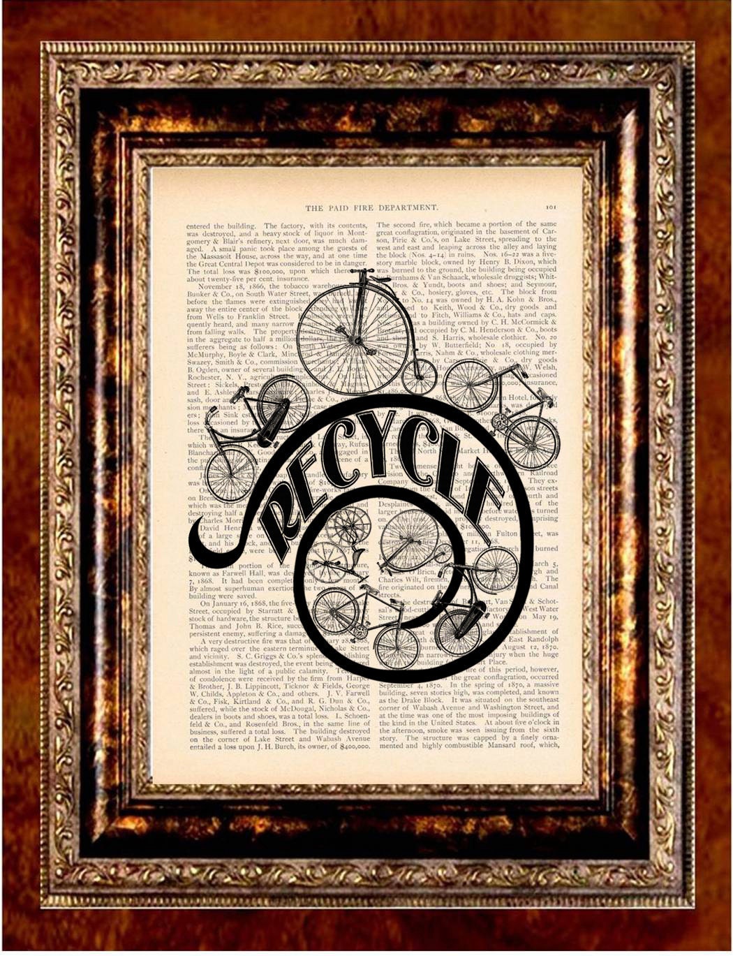 BICYCLE RECYCLE Vintage Art Print Antique 1800's Book Page or Dictionary Page Upcycled Recycled