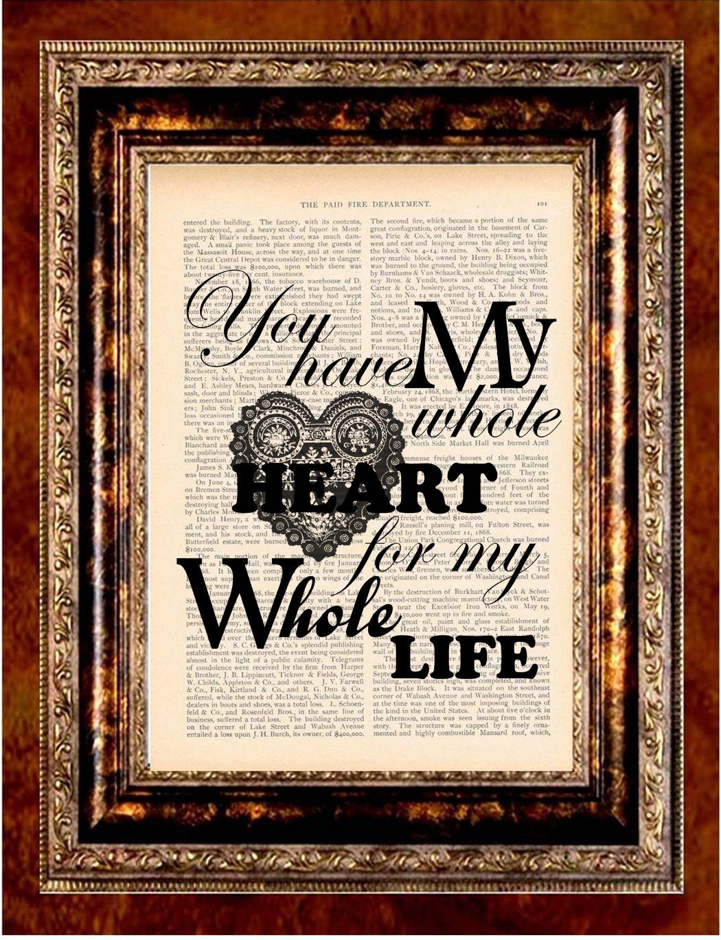 YOU Have My Whole HEART for My Whole LIFE Vintage Art Print Antique 1800's Book Page or Dictionary Page Upcycled Recycled