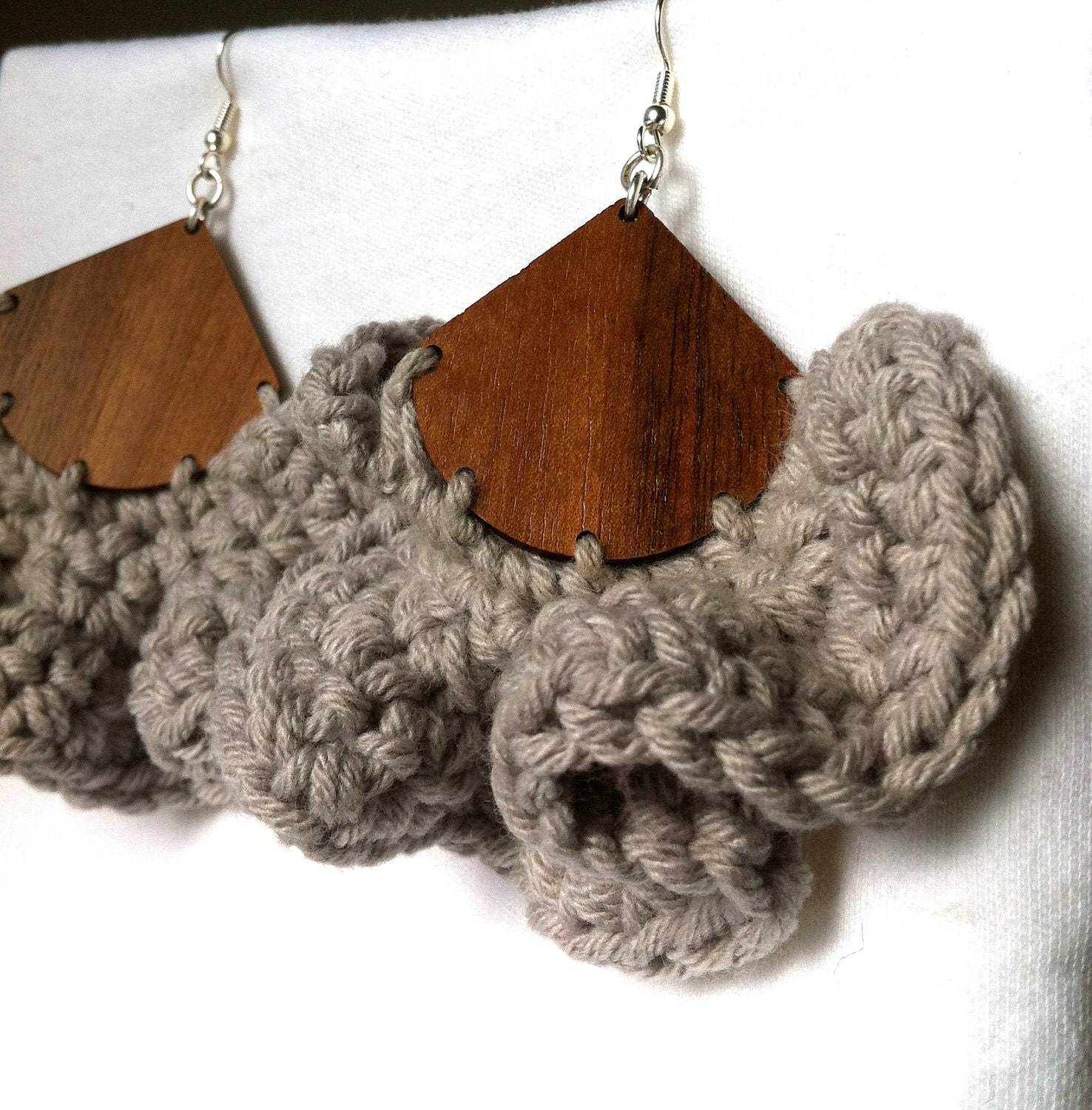 PERFECT STORM - Walnut Wood & Grey Wave - Crochet Earrings