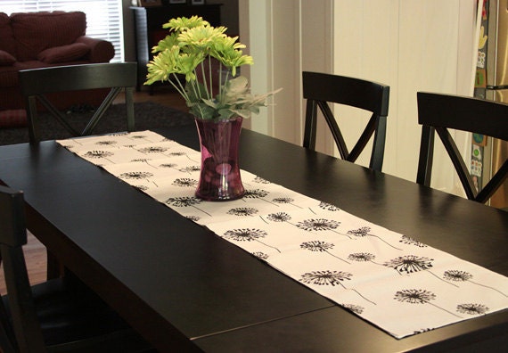12x72" Dandelion Table Runner - Modern Black and White Buffet Server Table Runner Weddings - Customizable