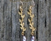 Gold Earrings with Lavender Pearl & Olive Branch