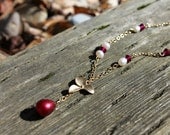 Red and Gold Necklace - Matte Orchid Flower with freshwater pearls and red Swarovski crystals