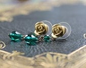 Spring Rose Earrings - Matte Gold Flower stud earrings with green Swarovski crystal dangles