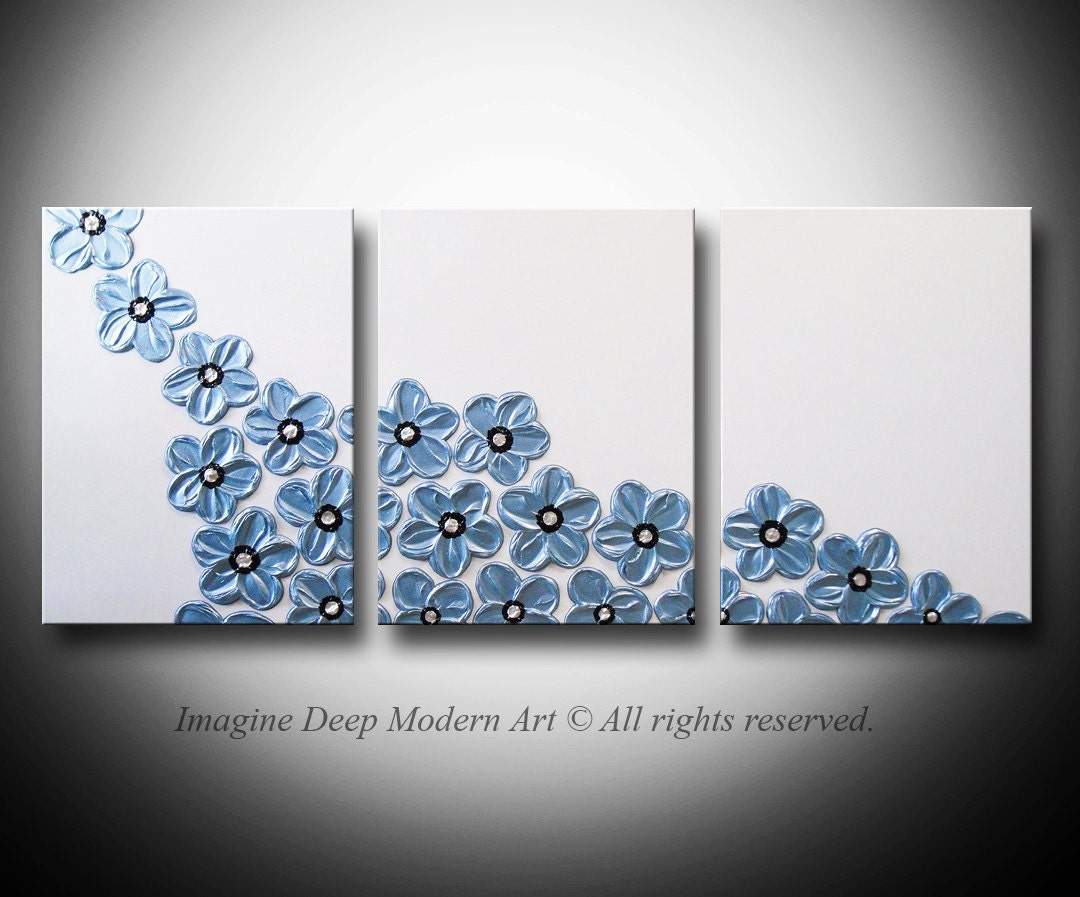 HUGE 54x24 - High Quality Original Art - Beautiful 3 Piece Sculptural Impasto Painting - Pearl White, Black, Light Blue - Peaceful Rise
